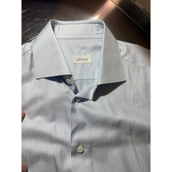 Brioni Men's Dress Shirt Blue/White Striped Silk Cotton Long Sleeve Button Up - Picture 5 of 16